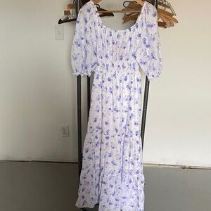 Love Shack Fancy XS size Floral Puff-Sleeve Maxi Dress in White and Blue NWT